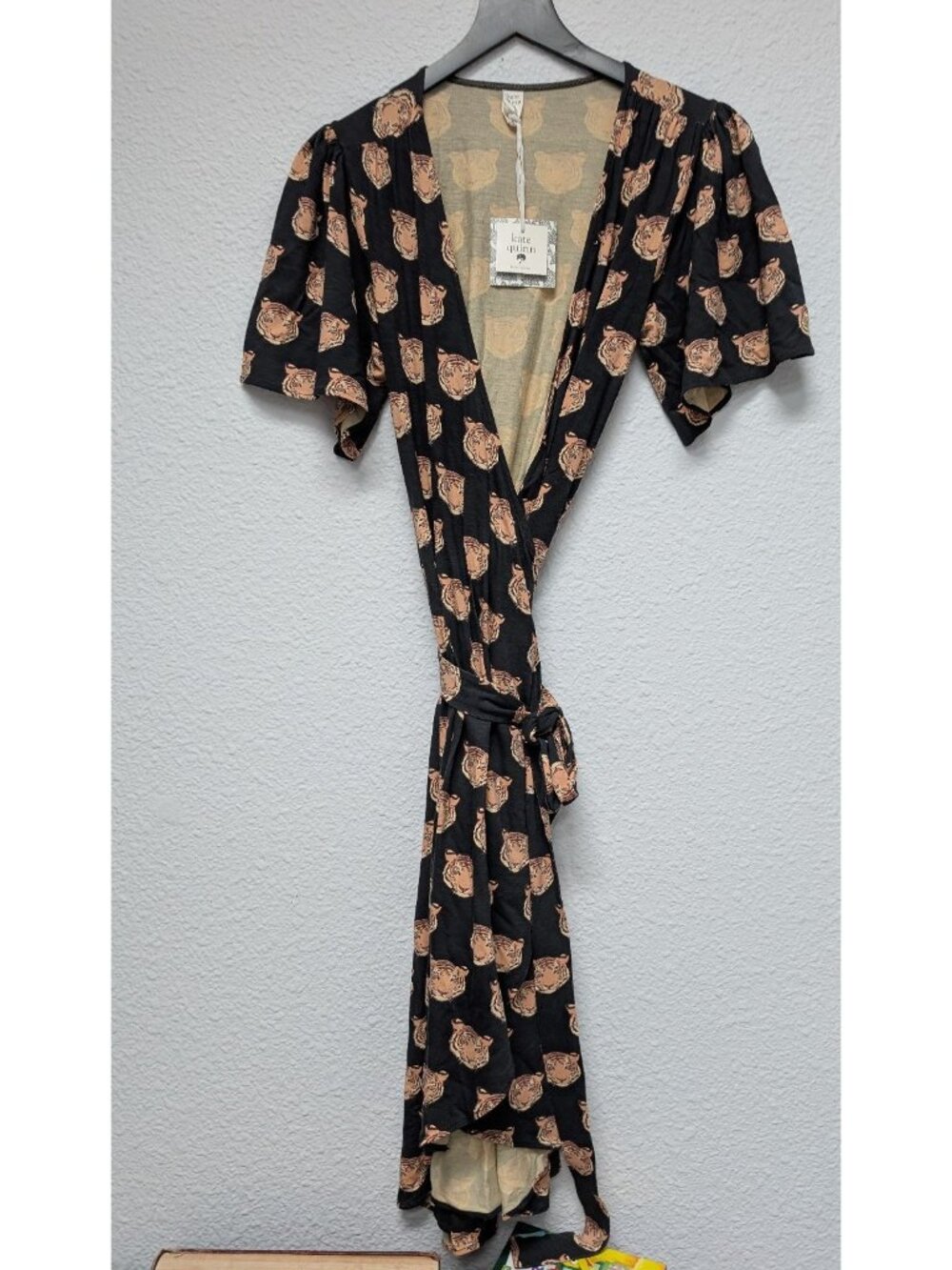 Kate Quinn Bamboo OG Tigers Flutter Sleeve Wrap Dress XS Black Tiger Head
